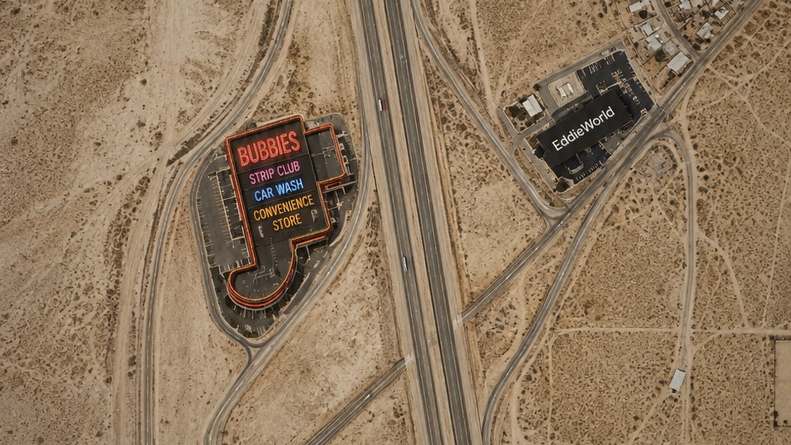 Aerial view showing Bubbies across Interstate 15 from EddieWorld in Yermo