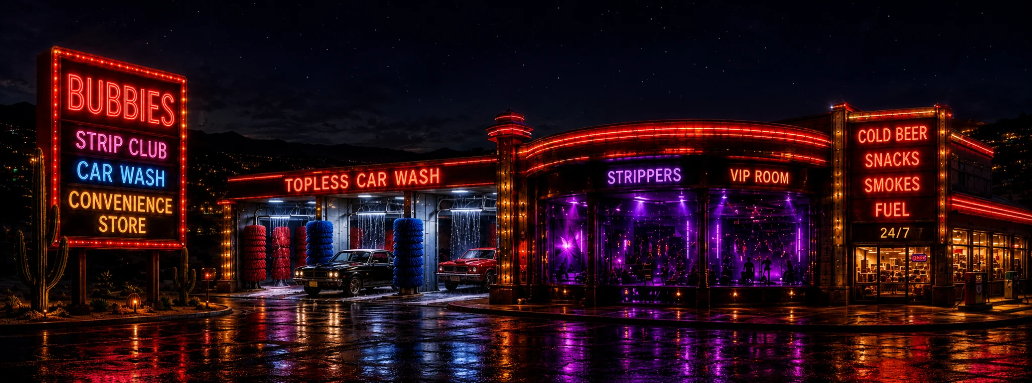 Bubbies desert roadside entertainment complex at night